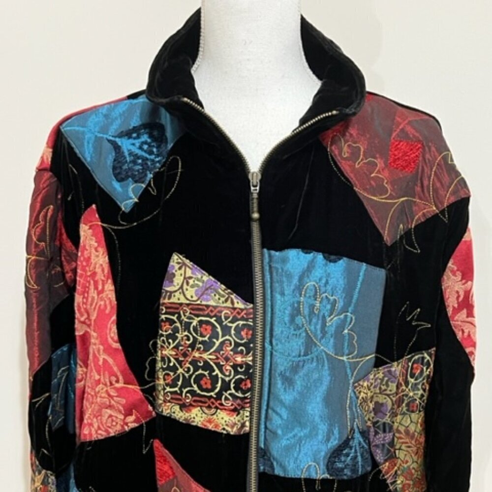 Chico’s Design Embroidered Full Zip Jacket Patchwork Velvet Boho Size 3 = XL - Picture 2 of 7